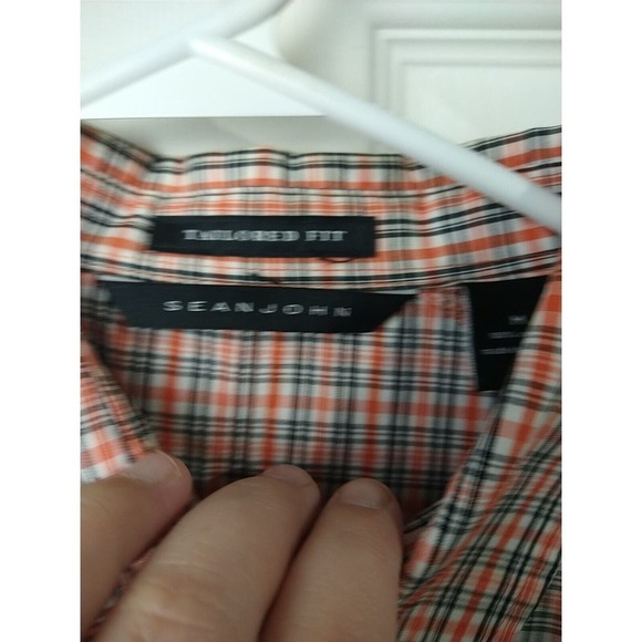 Sean John Orange Black Plaid Collared Button Short Sleeve Shirt. Size M - Picture 8 of 11